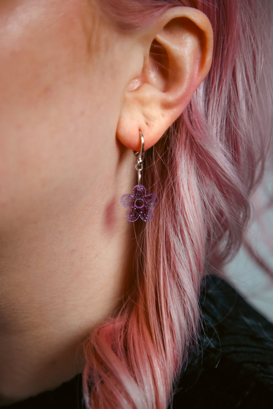 purple flower glitter acrylic earring