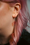 A transparent glitter pink star acrylic earring on an ear