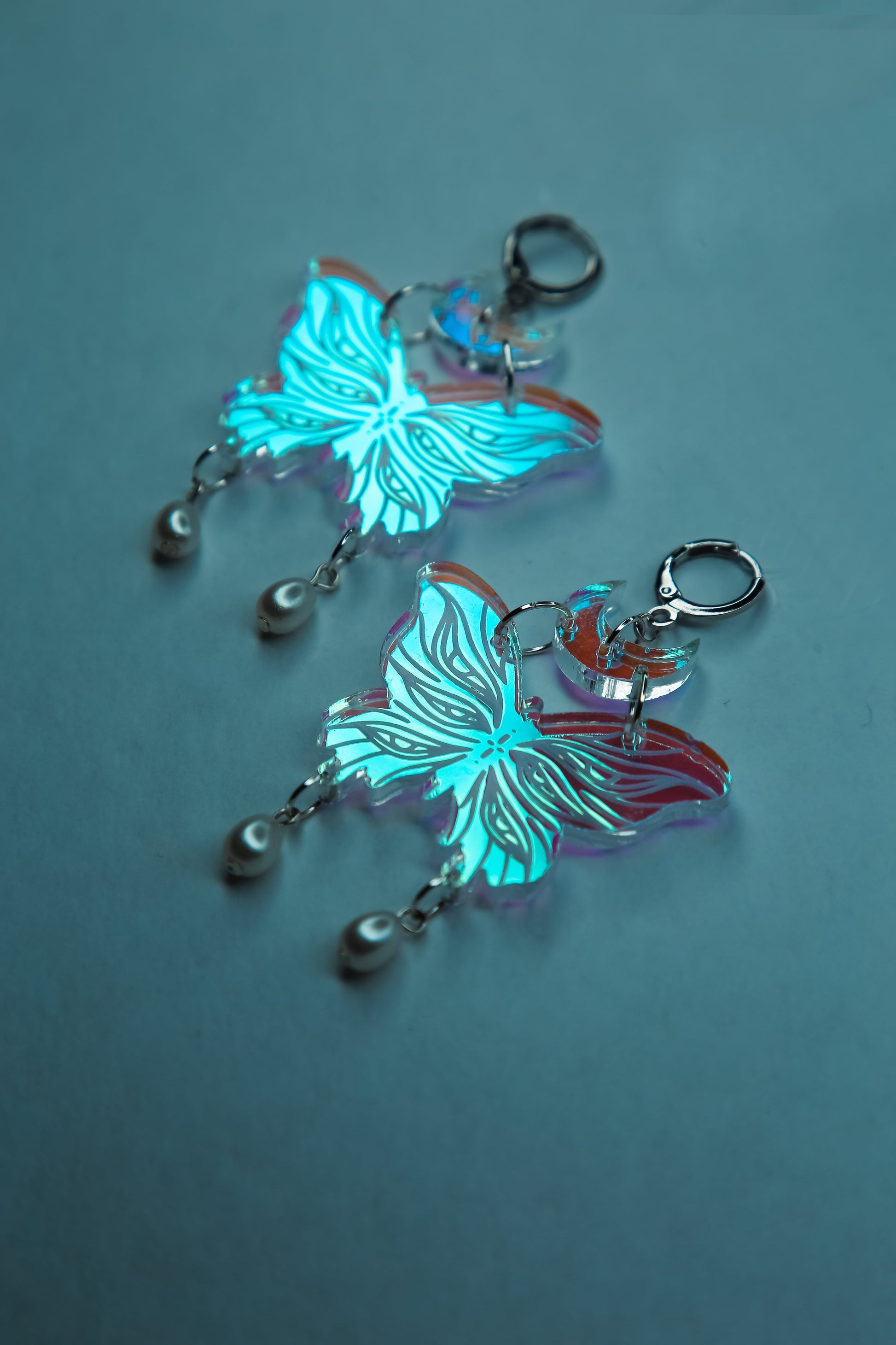 small iridescent butterfly acrylic earrings with pearls